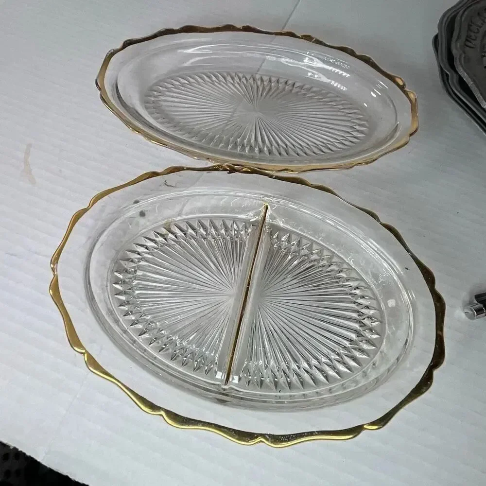 Lot of 2 Midcentury starburst pattern gold trimmed relish dishes